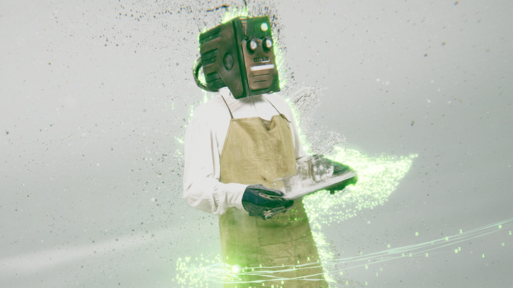 A Cybervillage robot reconstructed with Gaussian Splatting in a cinematic Unity scene